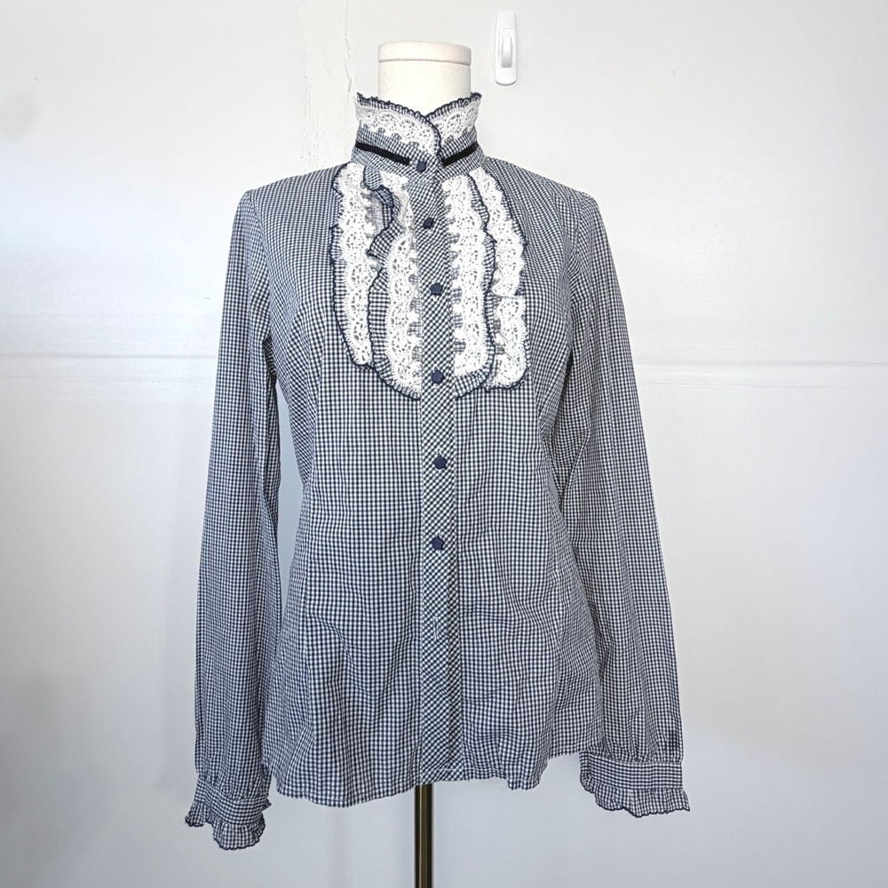 Gingham Lace Ruffle Blouse Navy Blue White Victorian Cottagecore Prairie M